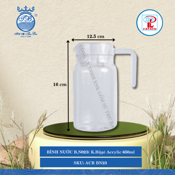BÌNH NƯỚC B.N023( K.Hộp) Acrylic Trắng 650ml Dài: 12.5cm Rộng: 8.5cm Cao: 16cm Fataco Nhựa ACR BN23