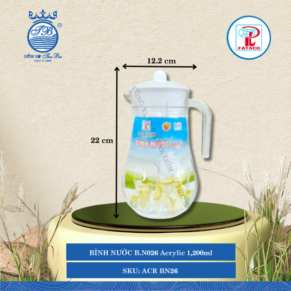 BÌNH NƯỚC B.N026 Acrylic Trắng 1,200ml Dài: 12.2cm Rộng: 14.3cm Cao: 22cm Fataco Nhựa ACR BN26