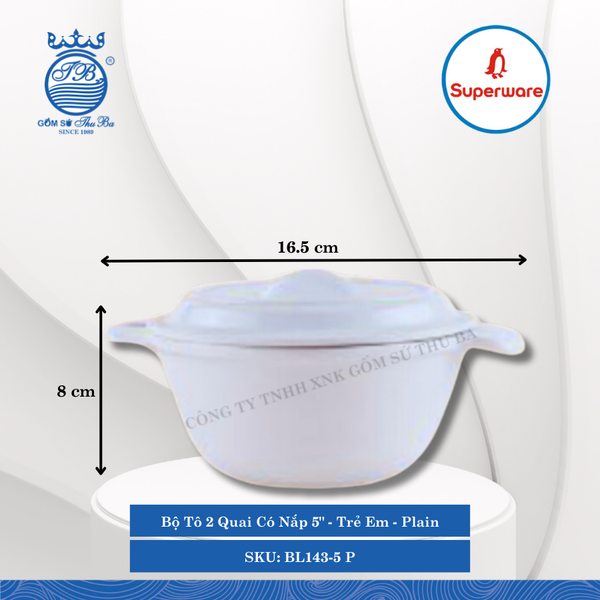 Bộ Tô 2 Quai Có Nắp 5" Trẻ Em Plain (Trắng Trơn) Ø: 16.5cm 450ml Cao: 8cm Superware Nhựa BL143-5 P
