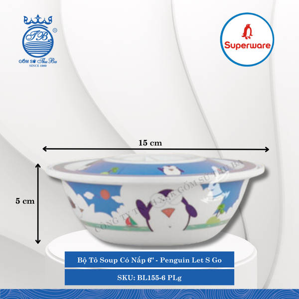 Bộ Tô Soup Có Nắp 6" Hoa Văn Trẻ Em Penguin Let S Go Ø: 15cm 400ml Cao: 5cm Superware Nhựa BL155-6 PLg