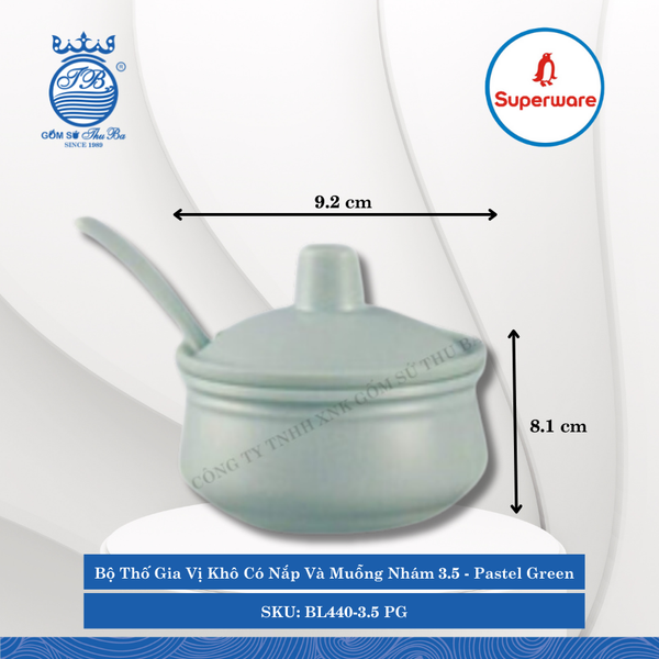 Bộ Thố Gia Vị Khô Có Nắp Và Muỗng Nhám 3.5 J&K Nhám Pastel Green (Xanh Phấn) Ø: 9.2cm 225ml Cao: 8.1cm Superware Nhựa BL440-3.5 PG