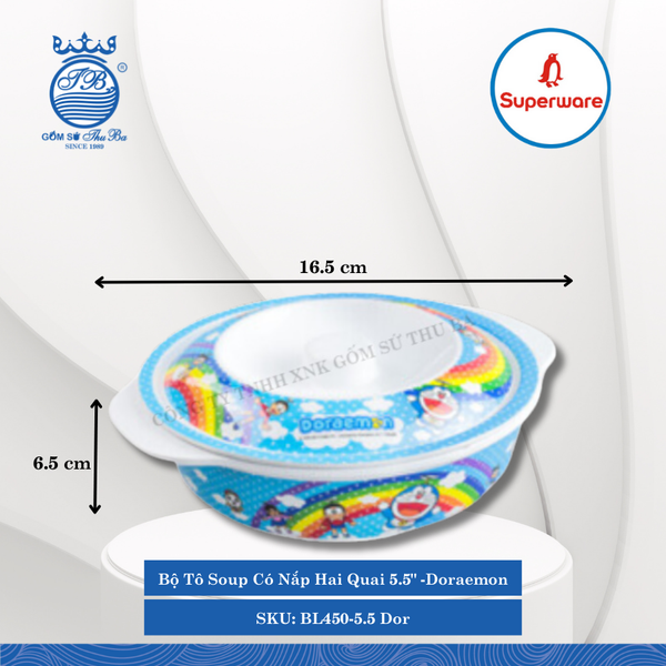 Bộ Tô Soup Có Nắp Hai Quai 5.5" Hoa Văn Trẻ Em Doraemon Ø: 16.5cm 440ml Cao: 6.5cm Superware Nhựa BL450-5.5 Dor