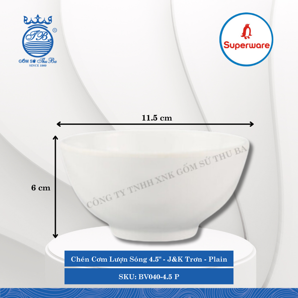Chén Cơm Lượn Sóng 4.5" J&K Trơn Plain (Trắng Trơn) Ø: 11.5cm 320ml Cao: 6cm Superware Nhựa BV040-4.5 P