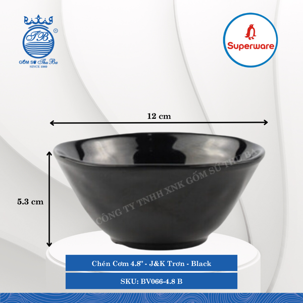 Chén Cơm 4.8" J&K Trơn Black (Đen) Ø: 12cm 330ml Cao: 5.3cm Superware Nhựa BV066-4.8 B