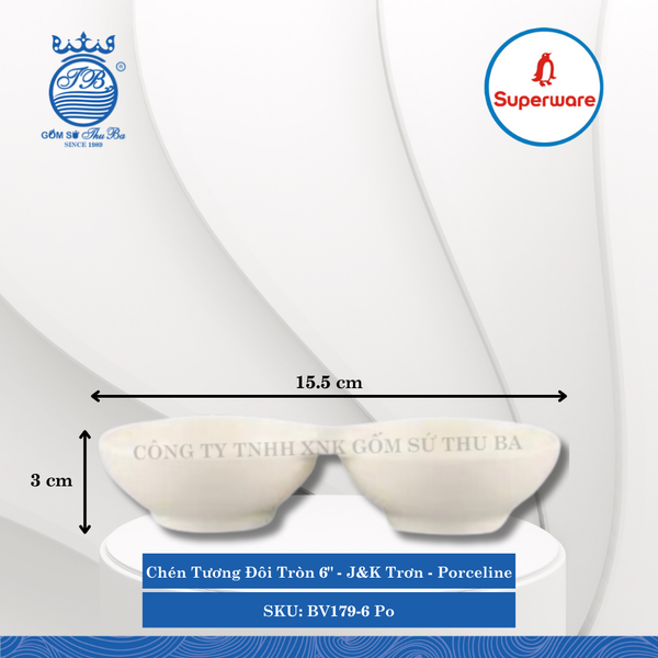 Chén Tương Đôi Tròn 6" J&K Trơn Porceline (Trắng Sứ) 120ml Dài: 15.5cm Rộng: 7.5cm Cao: 3cm Superware Nhựa BV179-6 Po
