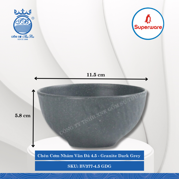 Chén Cơm Nhám Vân Đá 4.5 J&K Nhám Granite Dark Grey (Xám Granite) Ø: 11.5cm Cao: 5.8cm Superware Nhựa BV377-4.5 GDG