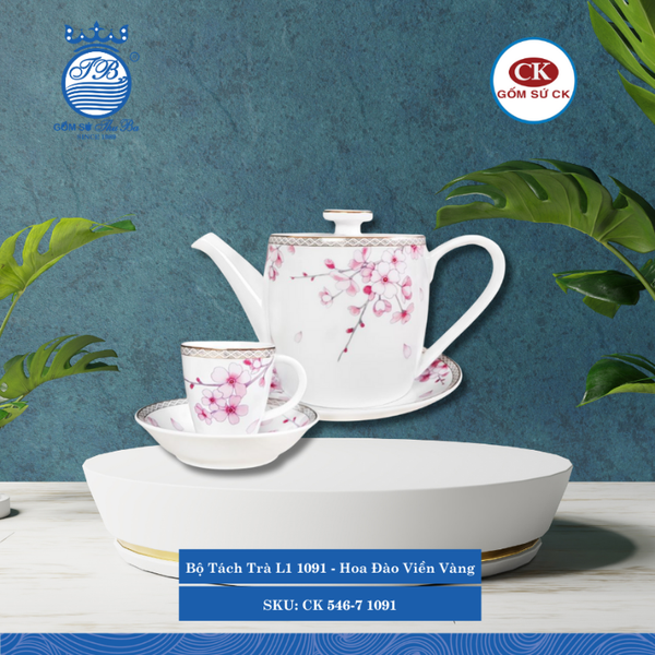 Bộ Tách Trà Hoa Văn 1091 - Hoa Đào Viền Vàng CK Sứ CK 546-7 1091