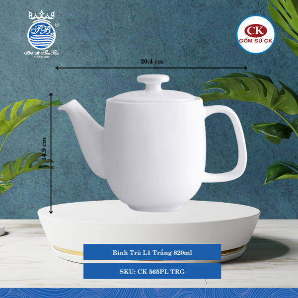 Bình Trà Trắng TRG 820ml Dài: 20.4cm Rộng: 10.8cm Cao: 14.9cm CK Sứ CK 565PL TRG