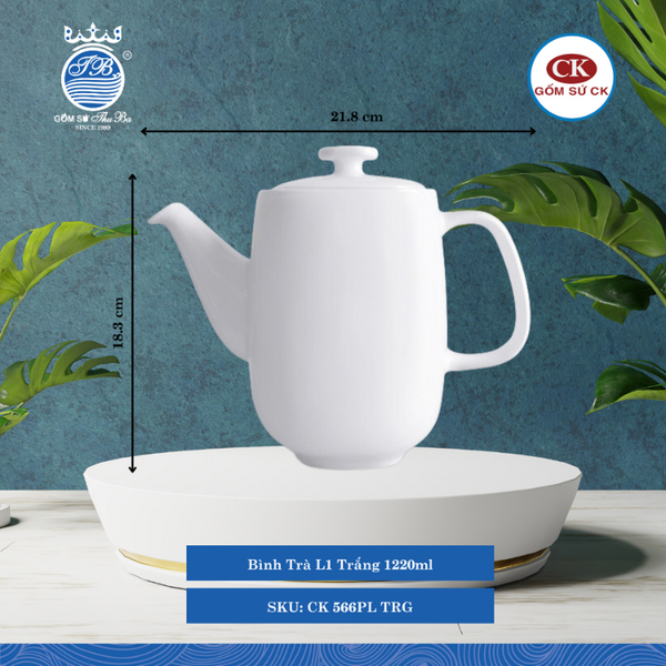 Bình Trà Trắng TRG 1,220ml Dài: 21.8cm Rộng: 11.5cm Cao: 18.3cm CK Sứ CK 566PL TRG