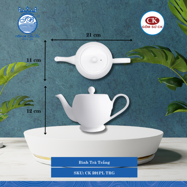 Bình Trà Trắng 000F 535ml Dài: 21cm Rộng: 11cm Cao: 12cm CK Sứ CK 591PL TRG