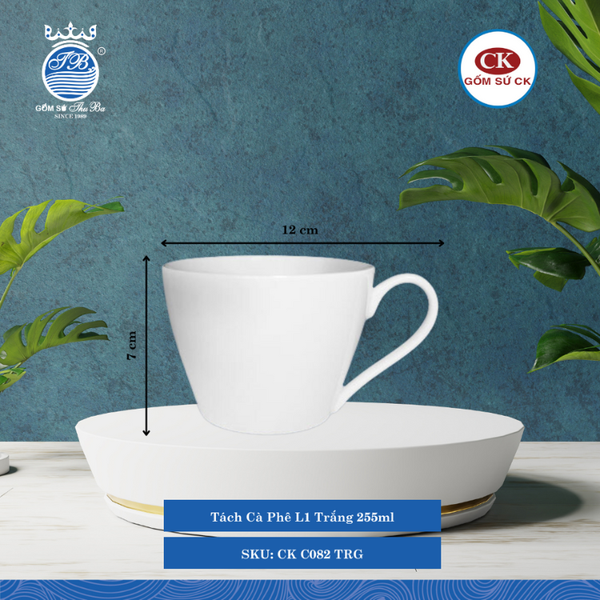 Tách Cà Phê Trắng TRG 255ml Dài: 12cm Rộng: 9.4cm Cao: 7cm CK Sứ CK C082 TRG
