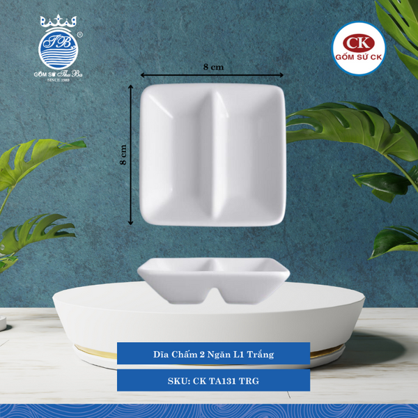 Dĩa Chấm 2 Ngăn Trắng TRG Dài: 8cm Rộng: 8cm Cao: 2.2cm CK Sứ CK TA131 TRG