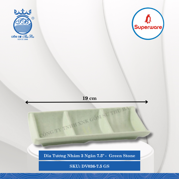 Dĩa Tương Nhám 3 Ngăn 7.5" J&K Nhám Green Stone (Xanh Ngọc) Dài: 19cm Rộng: 8cm Cao: 4cm Superware Nhựa DV036-7.5 GS