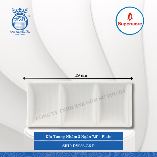 Dĩa Tương Nhám 3 Ngăn 7.5" J&K Nhám Plain (Trắng Trơn) Dài: 19cm Rộng: 8cm Cao: 4cm Superware Nhựa DV036-7.5 P