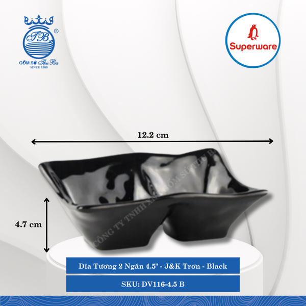 Dĩa Tương 2 Ngăn 4.5" J&K Trơn Black (Đen) 95ml Dài: 12.2cm Rộng: 7.9cm Cao: 4.7cm Superware Nhựa DV116-4.5 B