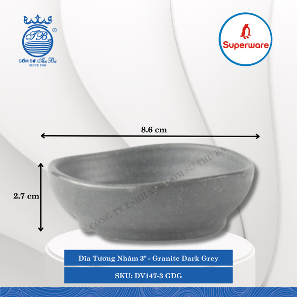 Dĩa Tương Nhám 3" J&K Nhám Granite Dark Grey (Xám Granite) Dài: 8.6cm Rộng: 8.6cm Cao: 2.7cm Superware Nhựa DV147-3 GDG