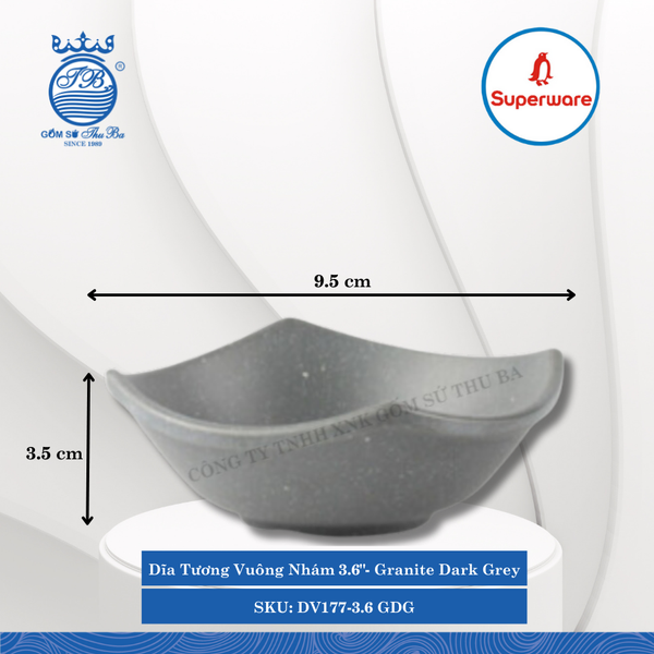 Dĩa Tương Vuông Nhám 3.6" J&K Nhám Granite Dark Grey (Xám Granite) Dài: 9.5cm Rộng: 9.5cm Cao: 3.5cm Superware Nhựa DV177-3.6 GDG