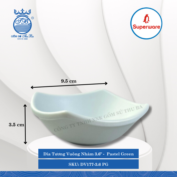 Dĩa Tương Vuông Nhám 3.6" J&K Nhám Pastel Green (Xanh Phấn) Dài: 9.5cm Rộng: 9.5cm Cao: 3.5cm Superware Nhựa DV177-3.6 PG