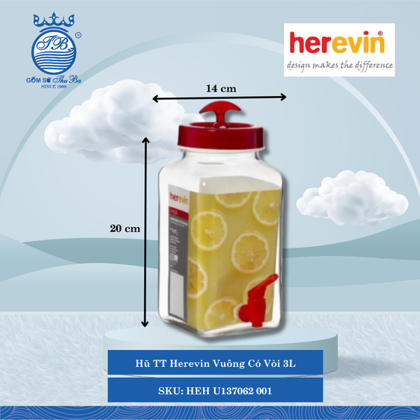 Hũ TT Herevin Vuông Có Vòi 3L Ø: 14cm 3,000ml Cao: 20cm 6 Cái/Thùng HEH U137062 001