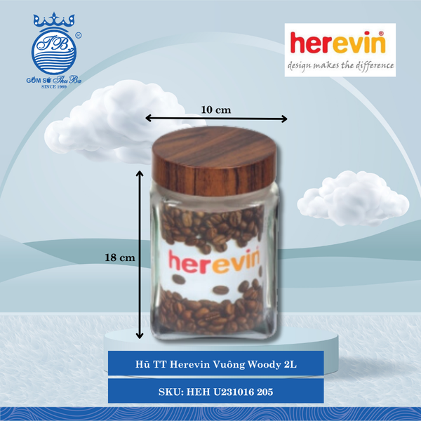 Hủ Vuông Nắp Woody (Nhiều Size) Herevin Thủy Tinh