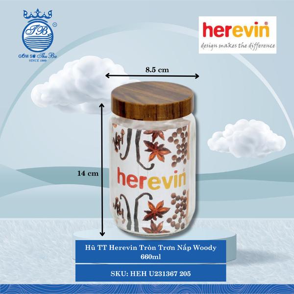 Hủ Tròn Trơn Nắp Woody (Nhiều Size) Herevin Thủy Tinh