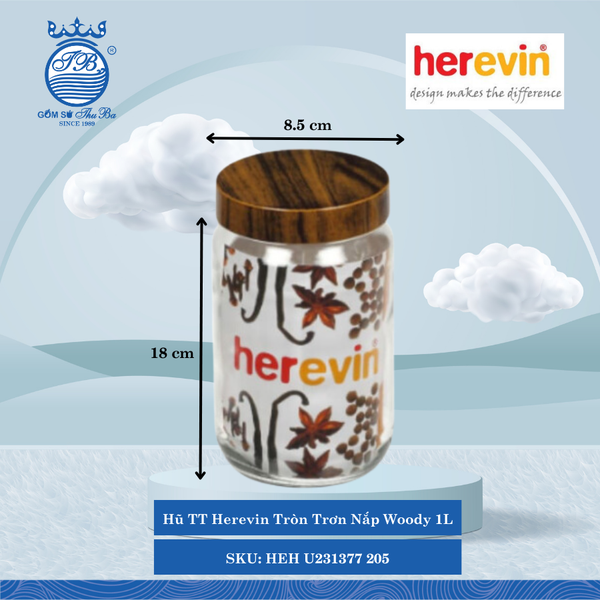 Hủ Tròn Trơn Nắp Woody (Nhiều Size) Herevin Thủy Tinh