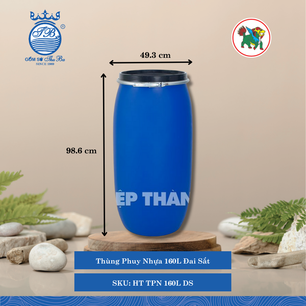 Thùng Phuy Nhựa 160L Đai Sắt Ø: 49.3cm 160,000ml Cao: 98.6cm Hiệp Thành Nhựa HT TPN 160L DS (Giao Màu Ngẫu Nhiên)