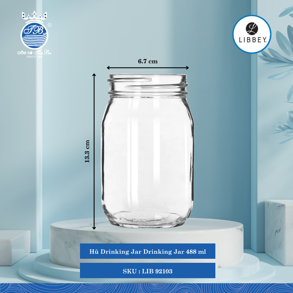 Hũ Drinking Jar ØĐáy: 6.4cm ØMiệng: 6.7cm 488ml Cao: 13.3cm 12 Cái/Thùng Libbey Thuỷ tinh US Jar LIB 92103