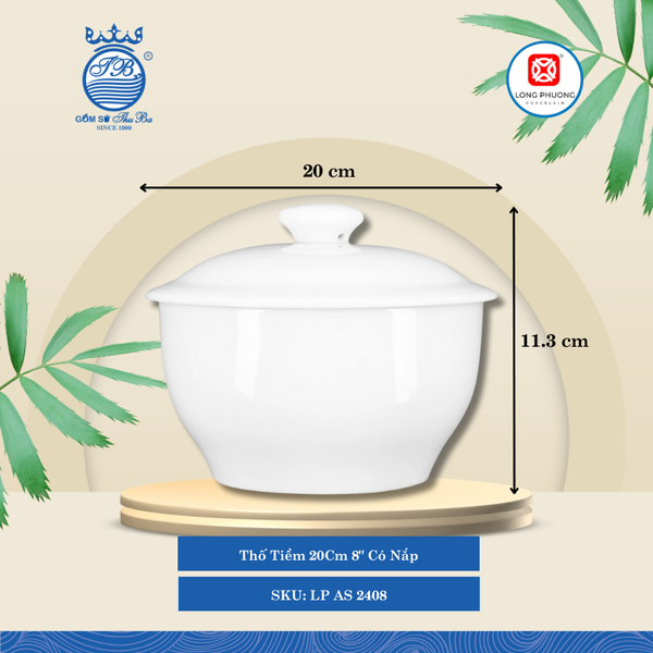 Thố Tiềm Có Nắp Trắng (Nhiều Size) Long Phương Sứ