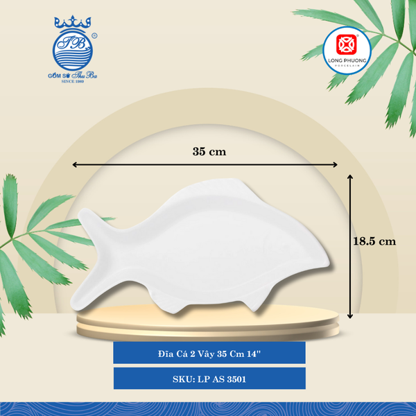 Đĩa Cá 2 Vây 14" Trắng Dài: 35cm Rộng: 18.5cm Cao: 2.7cm 30 Cái/Thùng 15 Cái/Hộp Long Phương Sứ LP AS 3501
