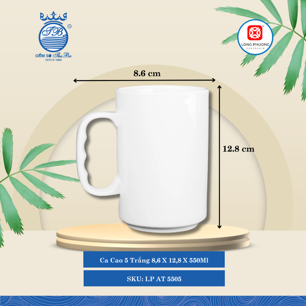 Ca Cao 5" Trắng Ø: 8.6cm 550ml Cao: 12.8cm 48 Cái/Thùng 6 Cái/Hộp Long Phương Sứ LP AT 5505