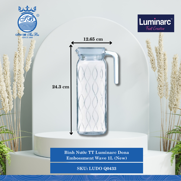 Bình Nước TT Luminarc Dona Embossment Wave 1L (New) Ø: 12.65cm 1,000ml Cao: 24.3cm 6 Cái/Thùng LUDO Q0433