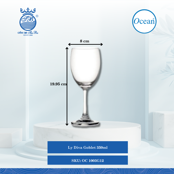 Ly Diva Goblet 350ml Ø: 8cm Ø:Đáy: 7.3cm Ø:M 7cm 350ml Cao: 19.95cm 48 Cái/Thùng 6 Cái/Hộp Ocean Thủy Tinh OC 1003G12