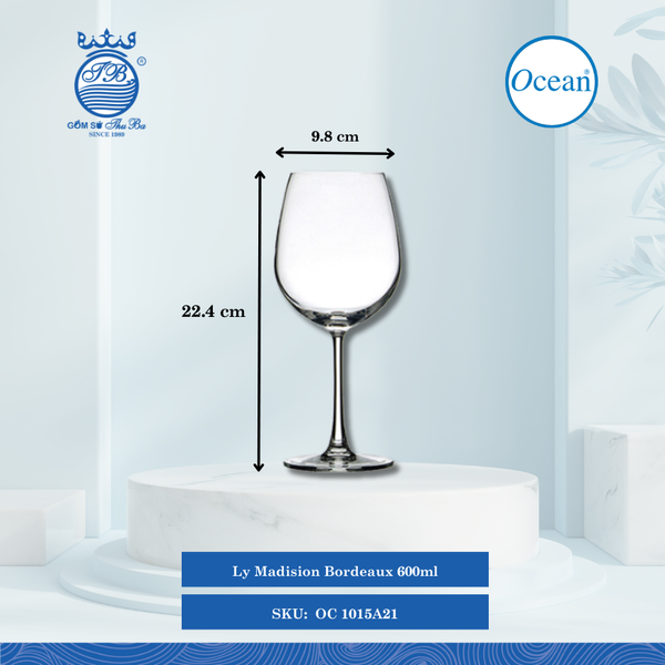 Ly Madison Bordeaux 600ml Ø: 9.8cm Ø:Đáy: 8.5cm Ø:M 7.2cm 600ml Cao: 22.4cm 24 Cái/Thùng 6 Cái/Hộp Ocean Thủy Tinh OC 1015A21