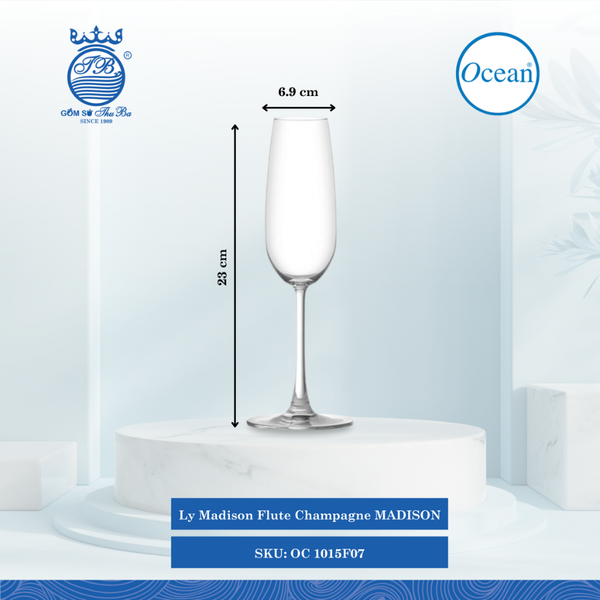 Ly Madison Flute Champagne 210ml Ø: 5.6cm Ø:Đáy: 6.9cm Ø:M 4.6cm 210ml Cao: 23cm 24 Cái/Thùng 6 Cái/Hộp Ocean Thủy Tinh OC 1015F07