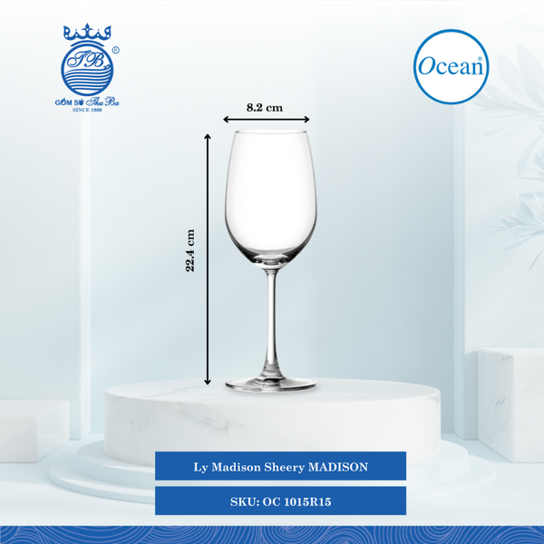 Ly Madison Red Wine 425ml Ø: 8.2cm Ø:Đáy: 8.1cm Ø:M 6.4cm 425ml Cao: 22.4cm 24 Cái/Thùng 6 Cái/Hộp Ocean Thủy Tinh OC 1015R15