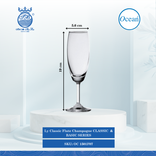 Ly Classic Flute Champagne 185ml Ø: 5.6cm Ø:Đáy: 6.3cm Ø:M 4.6cm 185ml Cao: 19cm 48 Cái/Thùng 6 Cái/Hộp Ocean Thủy Tinh OC 1501F07