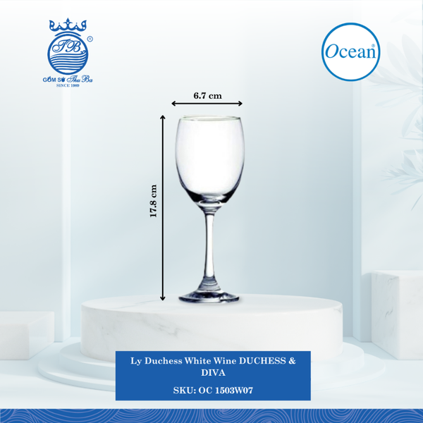 Ly Duchess White Wine 200ml Ø: 6.7cm Ø:Đáy: 6.5cm Ø:M 5.9cm 200ml Cao: 17.85cm 48 Cái/Thùng 6 Cái/Hộp Ocean Thủy Tinh OC 1503W07