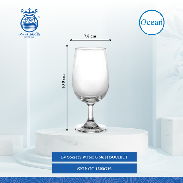 Ly Society Water Goblet 345ml Ø: 7.6cm Ø:Đáy: 6.7cm Ø:M 6.2cm 345ml Cao: 16.6cm 48 Cái/Thùng 6 Cái/Hộp Ocean Thủy Tinh OC 1523G12