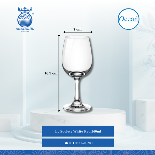 Ly Society Red Wine 260ml Ø: 7cm Ø:Đáy: 6.3cm Ø:M 5.3cm 260ml Cao: 16.9cm 48 Cái/Thùng 6 Cái/Hộp Ocean Thủy Tinh OC 1523R09