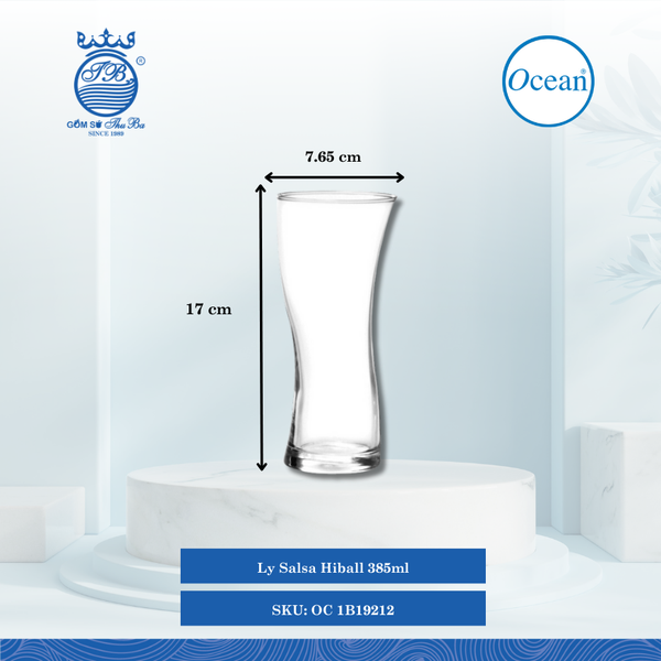 Ly Salsa Hi Ball 385ml. Ø: 7.65cm Ø:Đáy: 6.3cm Ø:M 7.6cm 355ml Cao: 17cm 48 Cái/Thùng 6 Cái/Hộp Ocean Thủy Tinh OC 1B19212