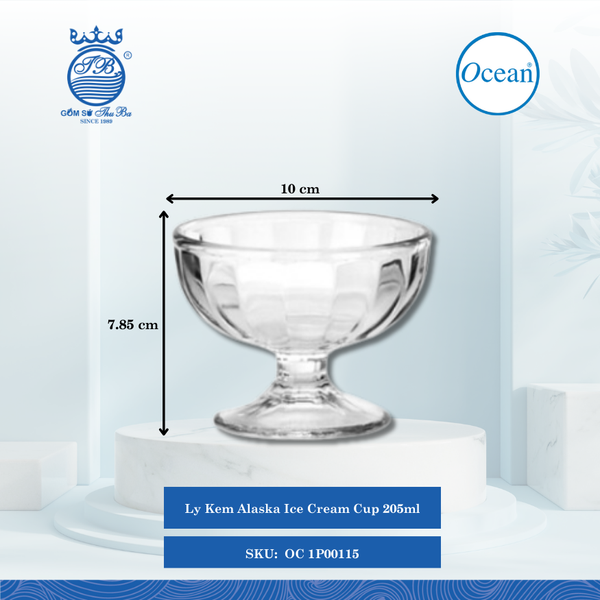 Ly Alaska Ice Cream Cup 205ml Ø: 10cm Ø:Đáy: 7cm Ø:M 10cm 205ml Cao: 7.85cm 24 Cái/Thùng 6 Cái/Hộp Ocean Thủy Tinh OC 1P00115