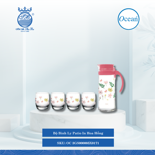 Bộ Bình Ly Patio In Hoa Ocean Thủy Tinh