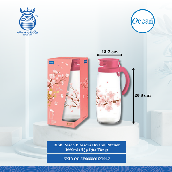 Bình Peach Blossom Divano Pitcher (Hộp Qùa Tặng) Ø: 13.7cm ØĐáy: 9.2cm ØMiệng: 8.4cm 1,660ml Ocean Thủy Tinh OC 3V2055801X0067