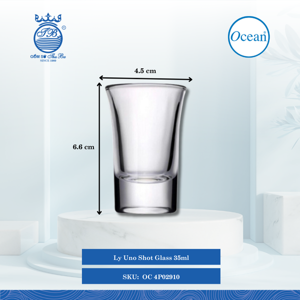 Ly Uno Shot Glass 35ml Ø: 4.5cm Ø:Đáy: 3.3cm Ø:M 4.5cm 35ml Cao: 6.6cm 72 Cái/Thùng 12 Cái/Hộp Ocean Thủy Tinh OC 4P02910