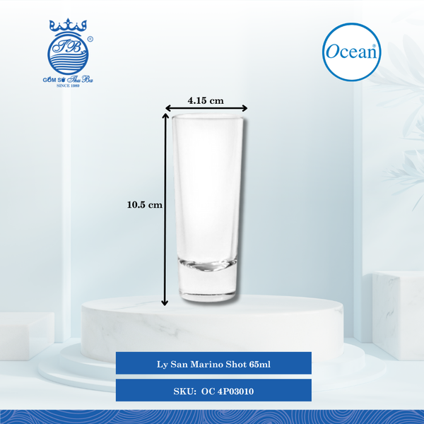 Ly San Marino Shot 65ml Ø: 4.15cm Ø:Đáy: 3.35cm Ø:M 4.15cm 65ml Cao: 10.5cm 72 Cái/Thùng 12 Cái/Hộp Ocean Thủy Tinh OC 4P03010