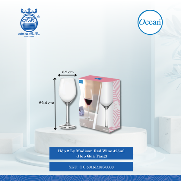 Hộp 2 Ly Madison Red Wine (Hộp Qùa Tặng) Ø: 8.2cm ØĐáy: 8.1cm ØMiệng: 6.4cm 425ml Cao: 22.4cm Ocean Thủy Tinh OC 5015R15G0003