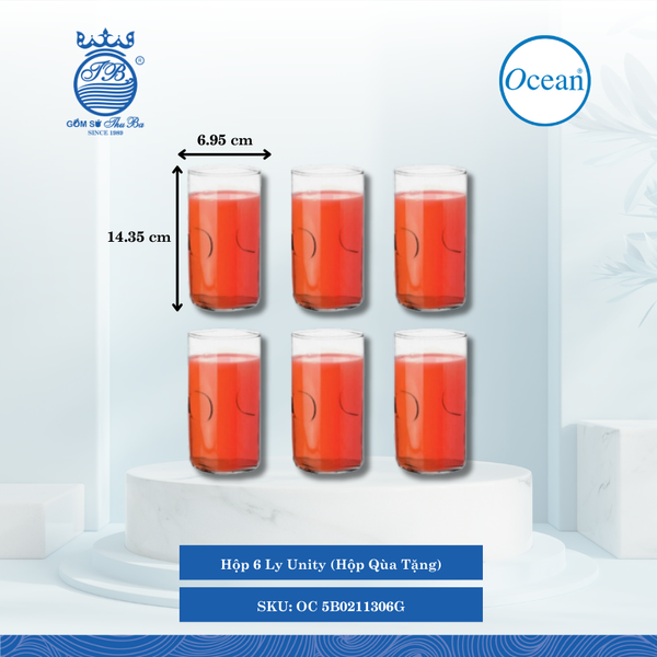 Hộp 6 Ly Unity (Hộp Qùa Tặng) Ø: 6.95cm ØĐáy: 5.85cm ØMiệng: 6.95cm 370ml Cao: 14.35cm Ocean Thủy Tinh OC 5B0211306G