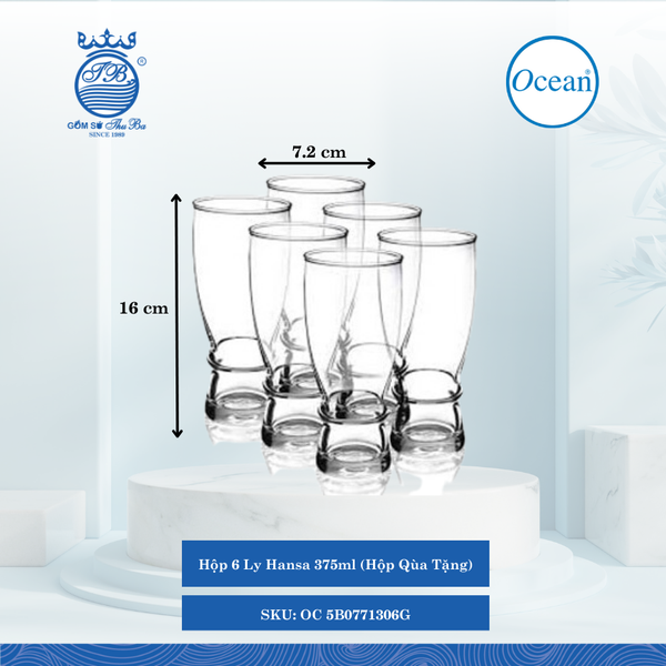 Hộp 6 Ly Hansa (Hộp Qùa Tặng) Ø: 7.2cm ØĐáy: 5.8cm ØMiệng: 7cm 375ml Cao: 16cm Ocean Thủy Tinh OC 5B0771306G