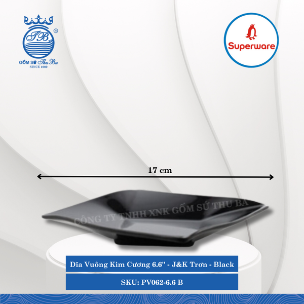 Dĩa Vuông Kim Cương 6.6'' J&K Trơn Black (Đen) Dài: 17cm Rộng: 17cm Cao: 2.7cm Superware Nhựa PV062-6.6 B